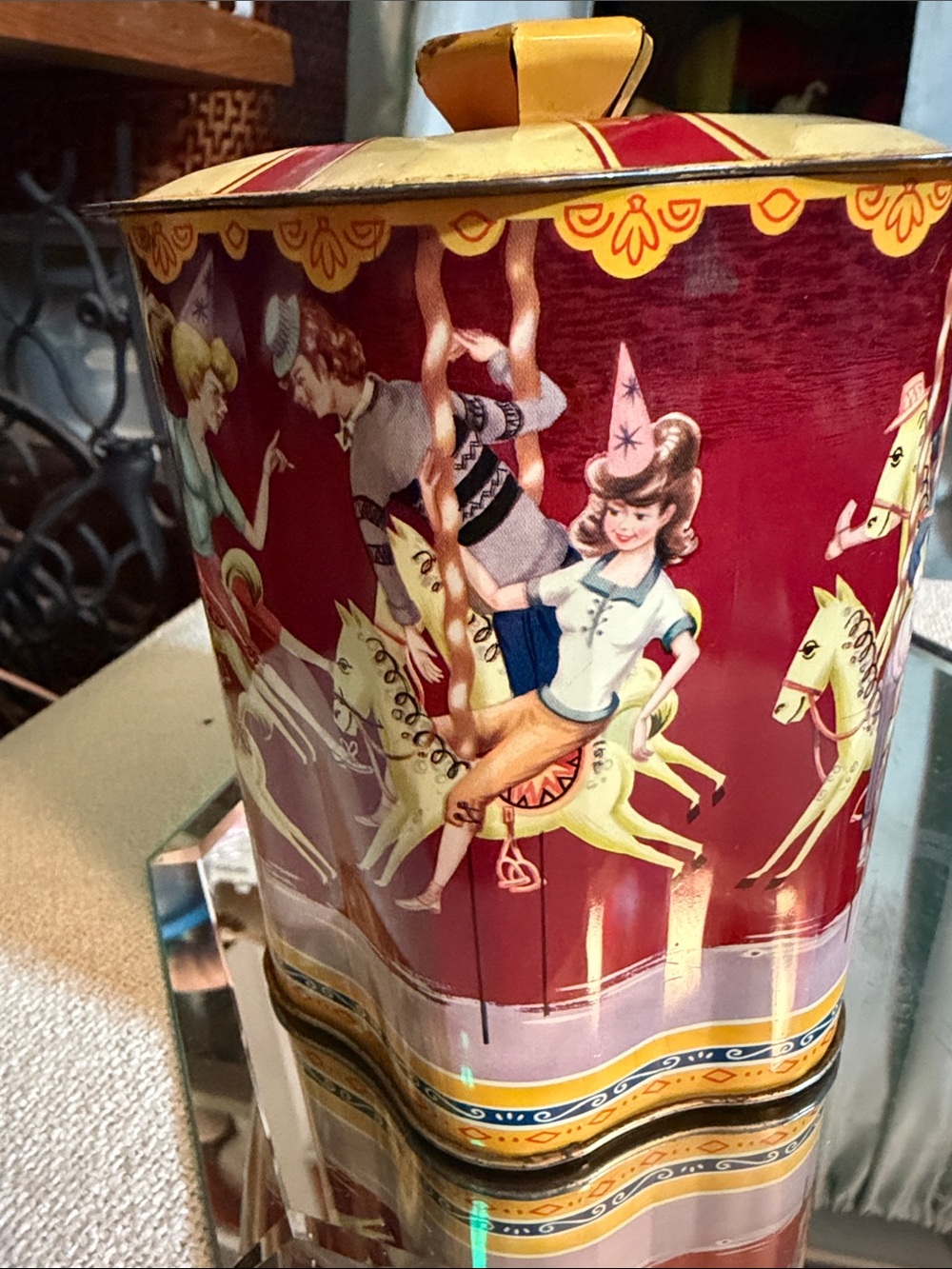 Vintage Carousel Tin Container Made in England Lithograph Merry Go Round - Picture 5 of 10